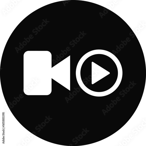 Black circle icon with white video camera and play button symbols