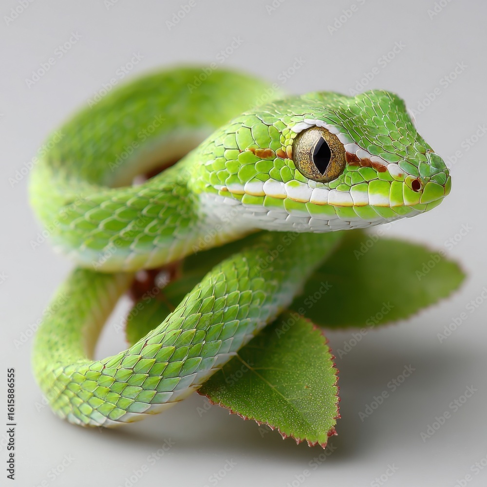 Obraz premium Green Pit Viper Snake on Leaf, Isolated