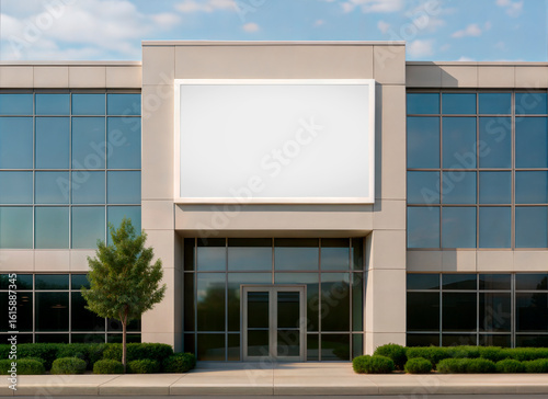 Modern Corporate Building Facade with Blank White Sign Mockup