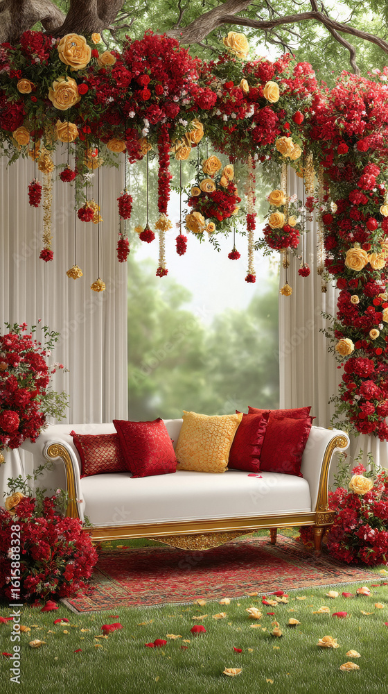 Fototapeta premium wedding stage decoration with flowers and gold sofa