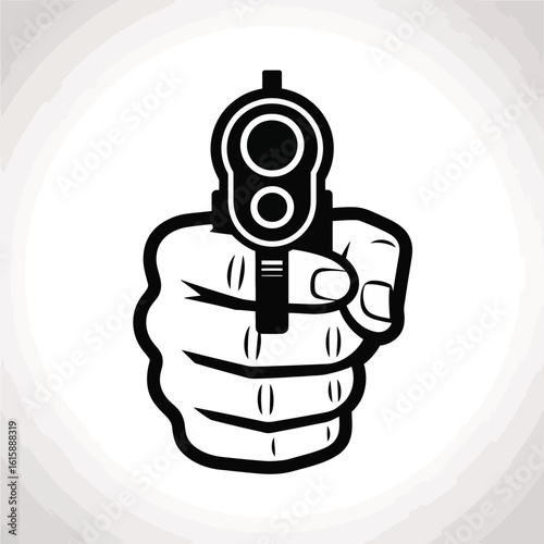 Hand holding a pistol pointed directly at the viewer