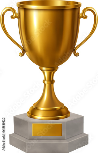 Golden trophy cup with handles on stone base symbolizing victory, first place, and outstanding achievement