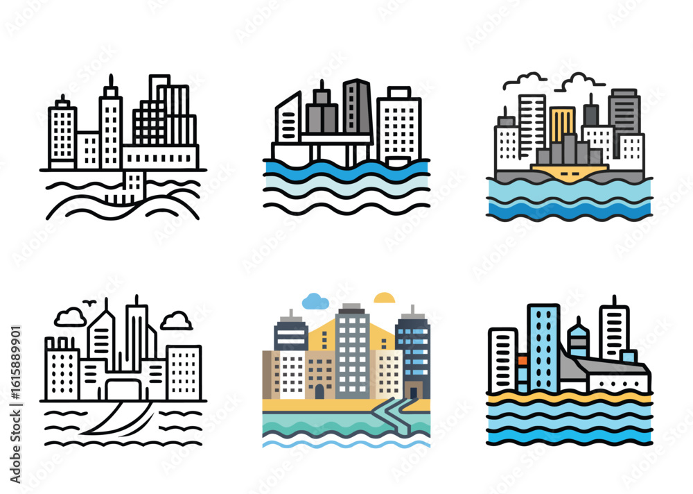 Fototapeta premium Stylized Cityscapes Collection Featuring Buildings, Water, and Diverse Architectural Designs