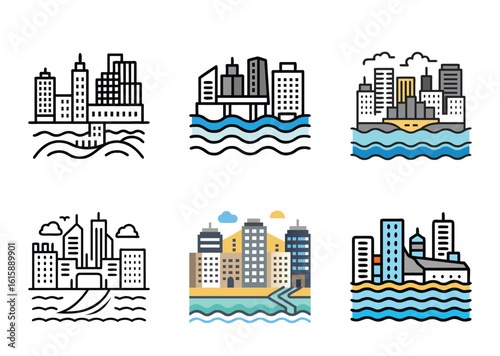 Stylized Cityscapes Collection Featuring Buildings, Water, and Diverse Architectural Designs
