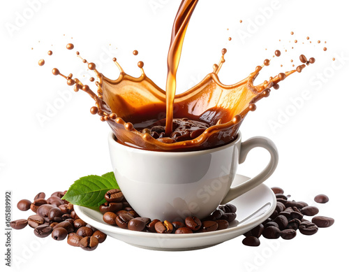 Fresh Brewed Coffee Splash in White Cup with Coffee Beans and Leaf