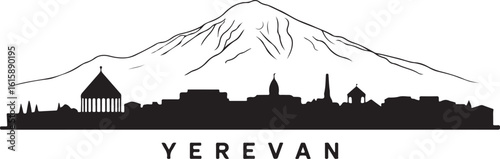 Yerevan Skyline Silhouette Cascade Complex Mount Ararat Armenian City Vector in Black on White Background