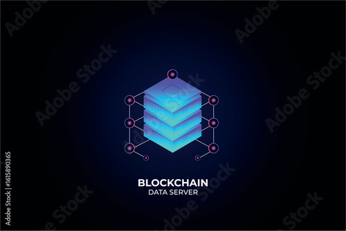 Glowing datacenter, isometric processing data , server room, cloud storage technology blockchain neon ultraviolet, for Data center logo concept, data software connection, Modern, neon, blockchain logo