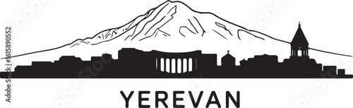 Yerevan Skyline Silhouette Cascade Complex Mount Ararat Armenian City Vector in Black on White Background