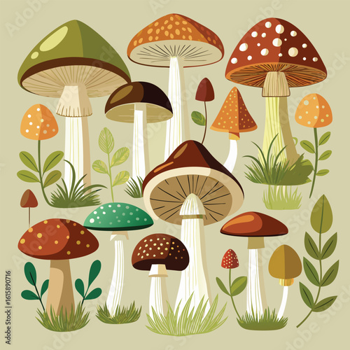 Seamless pattern with colorful cartoon mushrooms, fungi, and leaves in the grass, perfect for a nature-inspired forest illustration