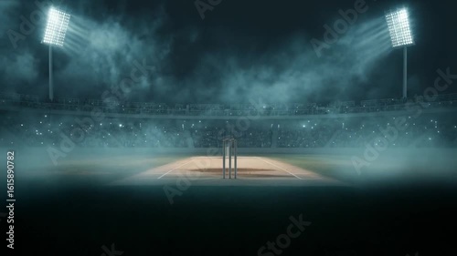 Dramatic cricket stadium at night with bright floodlights illuminating the pitch and a cheering crowd