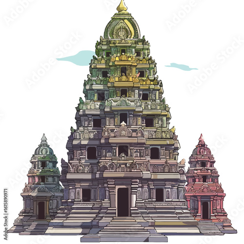 Colorful Depiction of a MultiTiered Hindu Temple Structure
