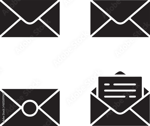 Four black silhouette icons representing mail and envelopes