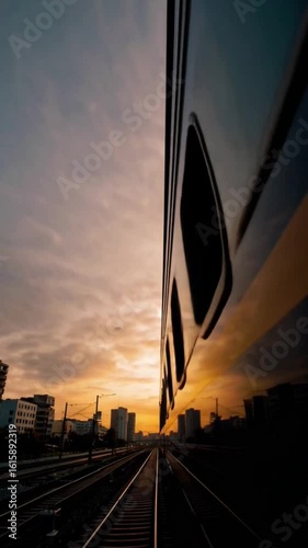 This video captures a stunning view from the side of a moving train, showcasing the beautiful sunrise or sunset reflecting on the sleek train body. The sky is painted with warm orange and purple hues,