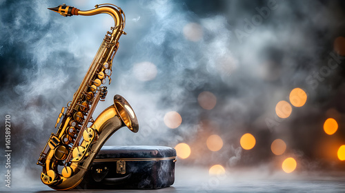A gold tenor saxophone rests on a dark case against a blurred background of lights and smoke.