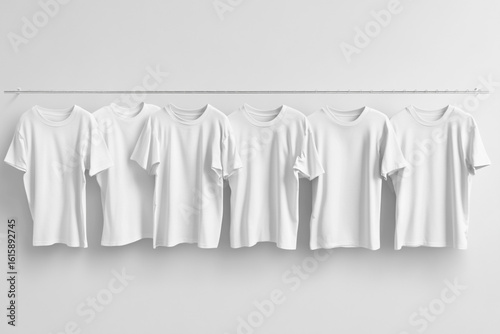 Wallpaper Mural Six white t-shirts hanging on a rack against a white wall simple clean design Torontodigital.ca
