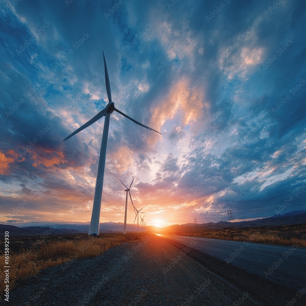 Obraz premium Windmill Power at Sunset in a Vibrant Landscape Environment