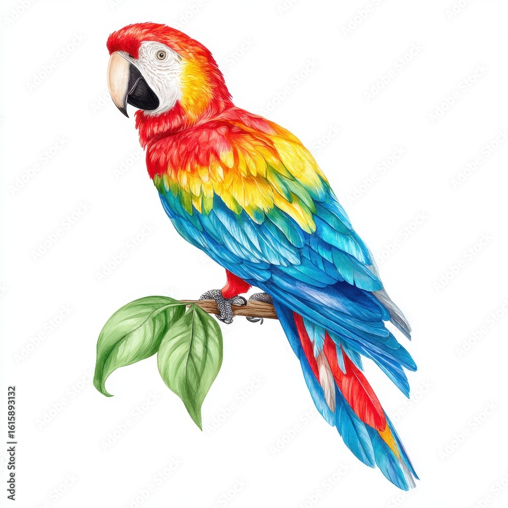 Fototapeta premium Vibrant Scarlet Macaw Parrot Illustration Perched on Branch with Green Leaves