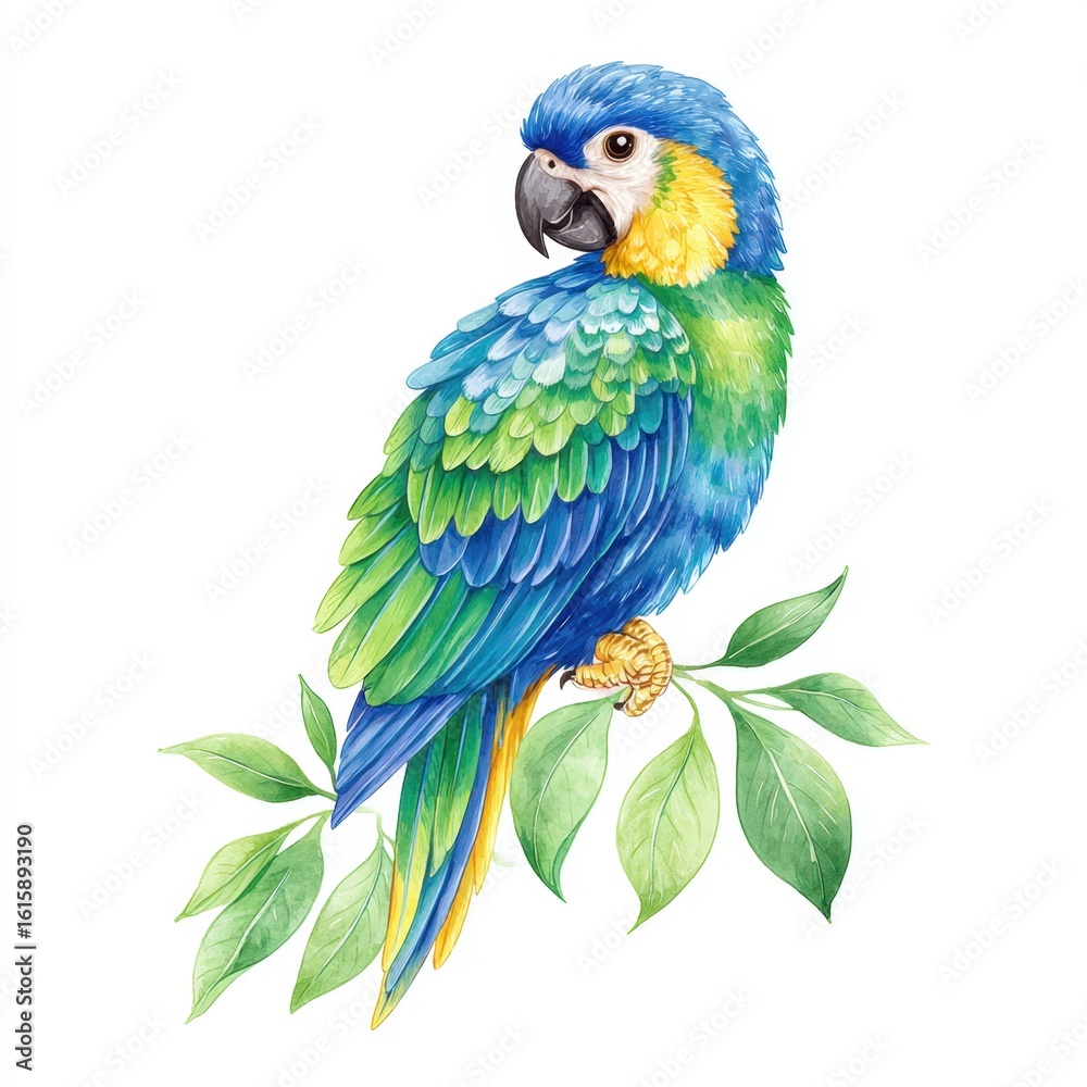 Obraz premium Watercolor Illustration of a Blue and Yellow Macaw Perched on a Branch
