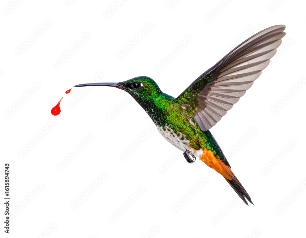 Fototapeta premium Vibrant Hummingbird in Flight Capturing a Drop of Red Nectar
