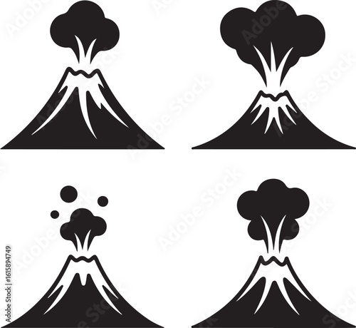Four black volcano icons eruption smoke