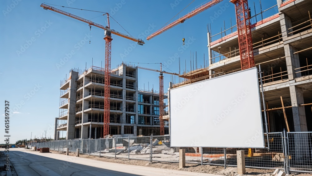 Naklejka premium New Urban Development Construction Site with Cranes and Blank Billboard