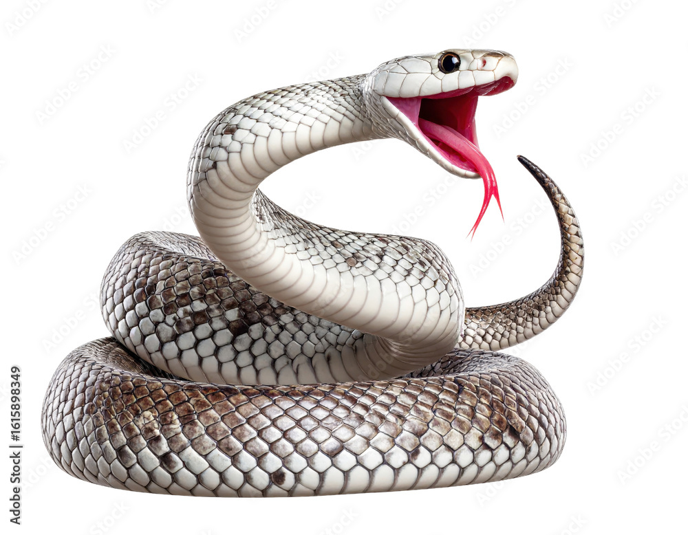 Fototapeta premium Realistic White Snake with Open Mouth and Flicking Tongue