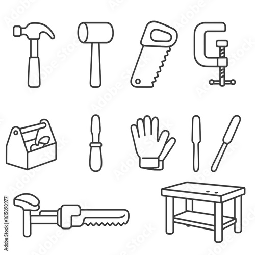 Kids' Woodworking Icons. Line style icons of kids’ safe woodworking tools: mini hammer, rubber mallet, safety saw, soft vise, toy