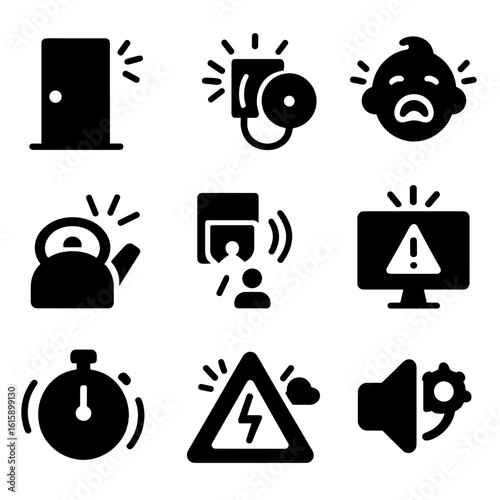 Environmental Sound Alert Icons. Solid style icons of environmental sound alerts: door knock light, fire alarm with flash, baby