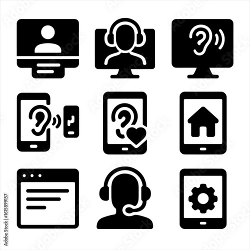 Teletherapy Hearing Care Icons. Solid style icons of teletherapy for hearing care: video call with captions, remote audiology icon