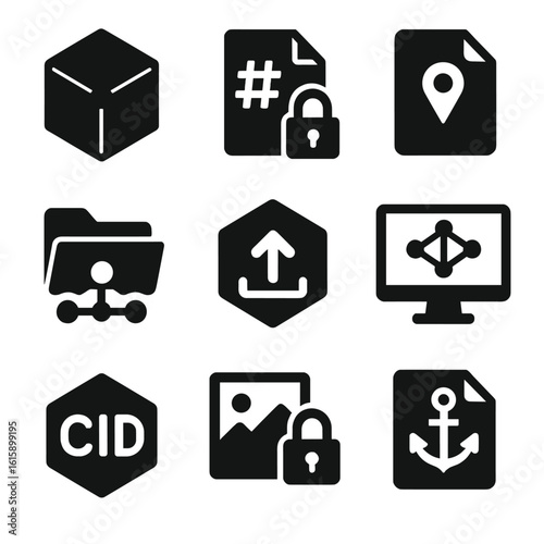 Decentralized Storage Icons. Solid style icons of decentralized storage: IPFS node icon, file hash lock, pin file symbol,