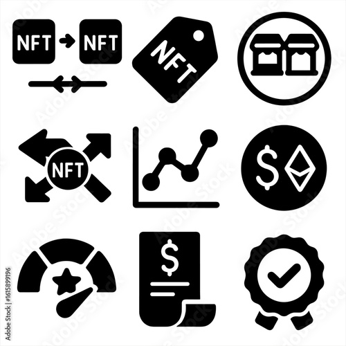 NFT Icons Collection. Solid style icons of NFT resale and trading: NFT exchange icon, resale tag, secondary market badge, NFT