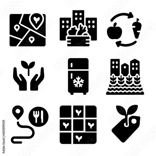 Urban Food Icons. Solid style icons of urban food networks: local farm map, neighborhood food hub, produce swap icon,