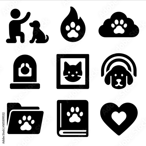 Digital Pet Memorial Icons. Solid style icons of digital pet loss and legacy: farewell icon, memory flame, pet cloud icon, digital