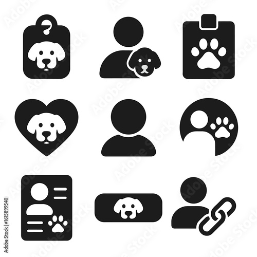 Pet Identity Icons. Solid style icons of pet and user identity: pet name badge, user profile with pet, ID tag symbol, pet bond
