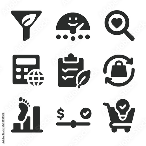Mindful Shopping Icons. Solid style icons of mindful shopping tools: sustainable choice filter, ethical rating scale, conscious