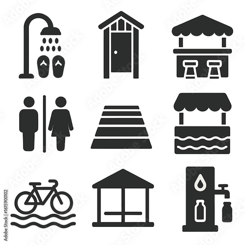 Beachside Facility Icons. Solid style icons of beachside facilities: outdoor shower, changing room, beach bar, public restroom,