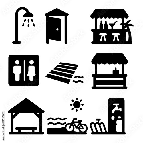Beachside Facility Icons. Solid style icons of beachside facilities: outdoor shower, changing room, beach bar, public restroom,