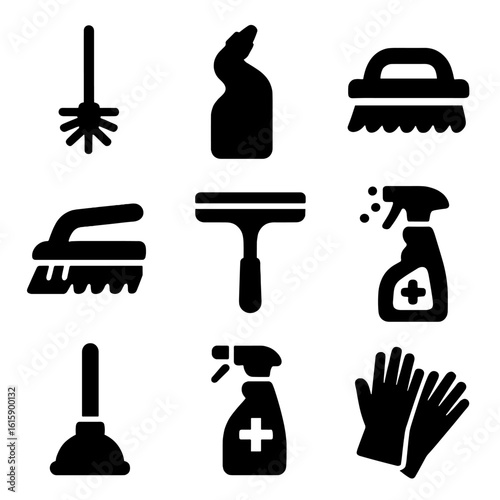 Bathroom Cleaning Icons. Solid style icons of bathroom cleaning tools: toilet brush, toilet bowl cleaner, tile scrubber, grout