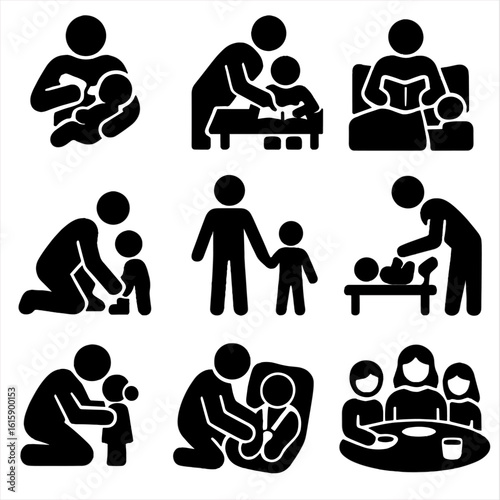 Parental Care Icons. Solid style icons of parental care: feeding baby, helping with homework, bedtime story, parent tying shoes,