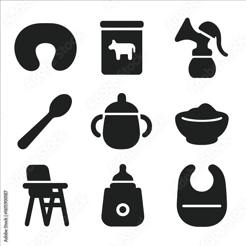 Feeding Essentials Icons. Solid style icons of feeding essentials: nursing pillow, baby formula container, breast pump, baby spoon