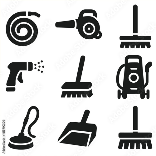 Outdoor Cleaning Tools. Solid style icons of outdoor cleaning tools: garden hose, leaf blower, outdoor broom, water sprayer, deck