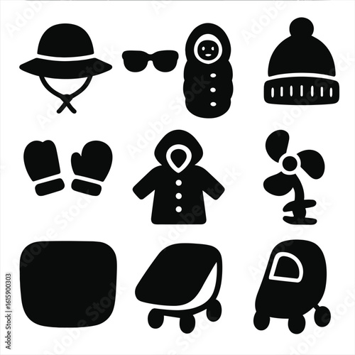 Seasonal Baby Gear Icons. Solid style icons of seasonal baby gear: sun hat, baby sunglasses, winter bunting, warm hat, baby