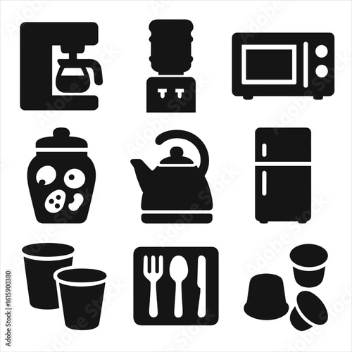 Break Room Essentials. Solid style icons of break room essentials: coffee machine, water cooler, microwave, snack jar, tea kettle,