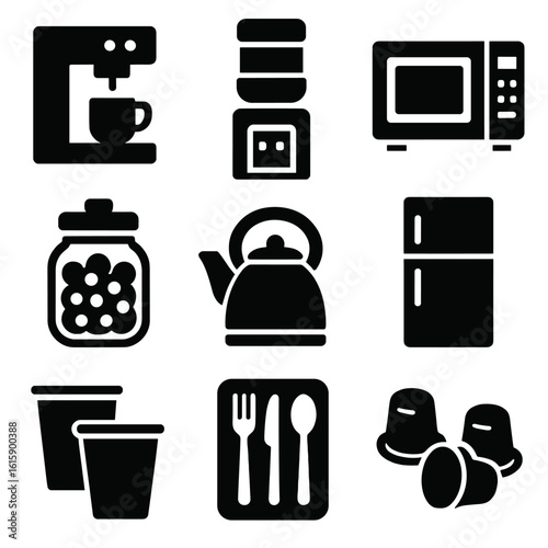 Break Room Essentials. Solid style icons of break room essentials: coffee machine, water cooler, microwave, snack jar, tea kettle,