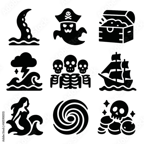 Pirate Dangers Icons. Solid style icons of pirate danger and myths: sea monster tentacle, ghost pirate, cursed treasure, stormy