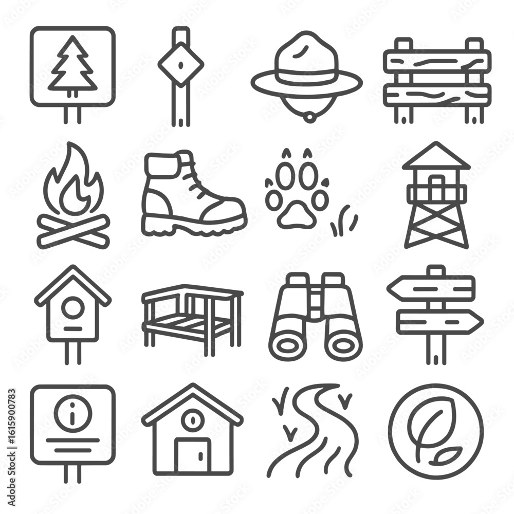 Naklejka premium Protected Area Icons. Line style icons of protected areas: national park sign, trail marker, ranger hat, forest fence, campfire