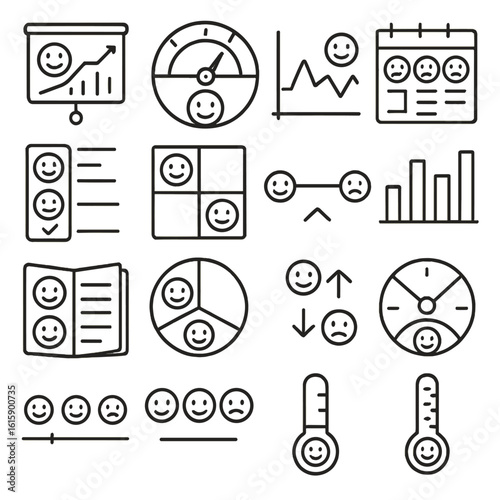 Mood Icon Illustrations. Line style icons of mood tracking: smiley chart, mood dial, daily mood graph, emotion calendar, emotion
