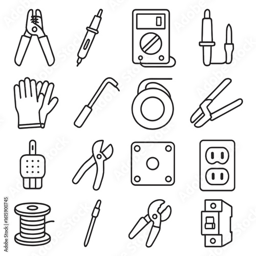 Electrical Tool Icons. Line style icons of electrical tools: wire stripper, voltage tester, multimeter, circuit tester,