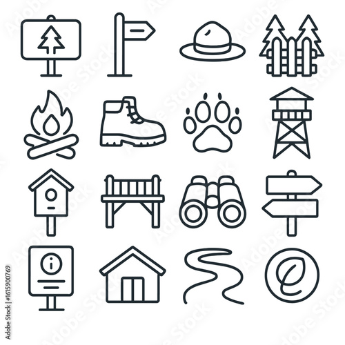 Protected Area Icons. Line style icons of protected areas: national park sign, trail marker, ranger hat, forest fence, campfire