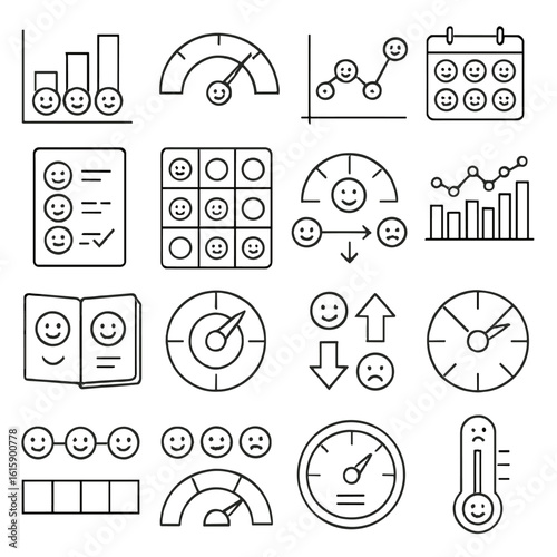 Mood Icon Illustrations. Line style icons of mood tracking: smiley chart, mood dial, daily mood graph, emotion calendar, emotion